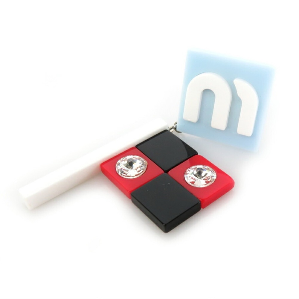 EUC-MIU MIU Clip-On Earrings Plastic/Rhinestone Light Blue x White, Red,& Black - Picture 4 of 6